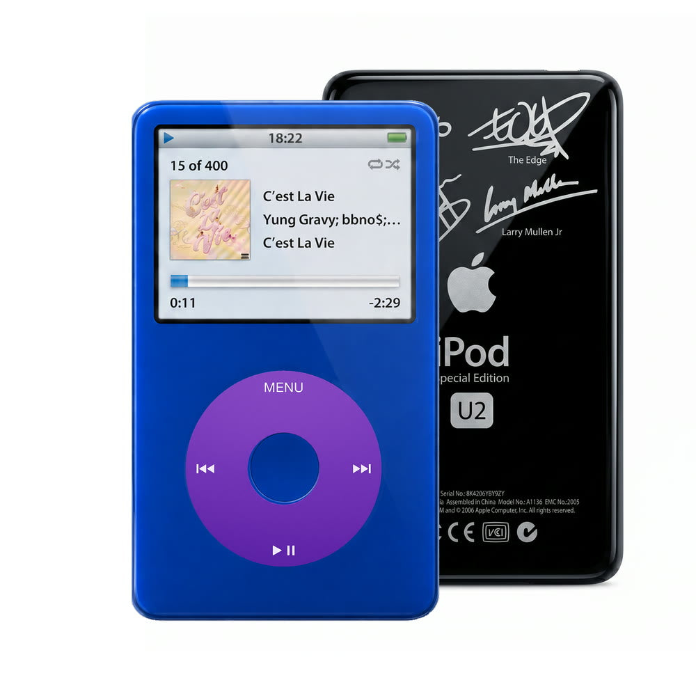Blue refurbished iPod Video 5.5 Gen with Purple click wheel and Black U2 back plate
