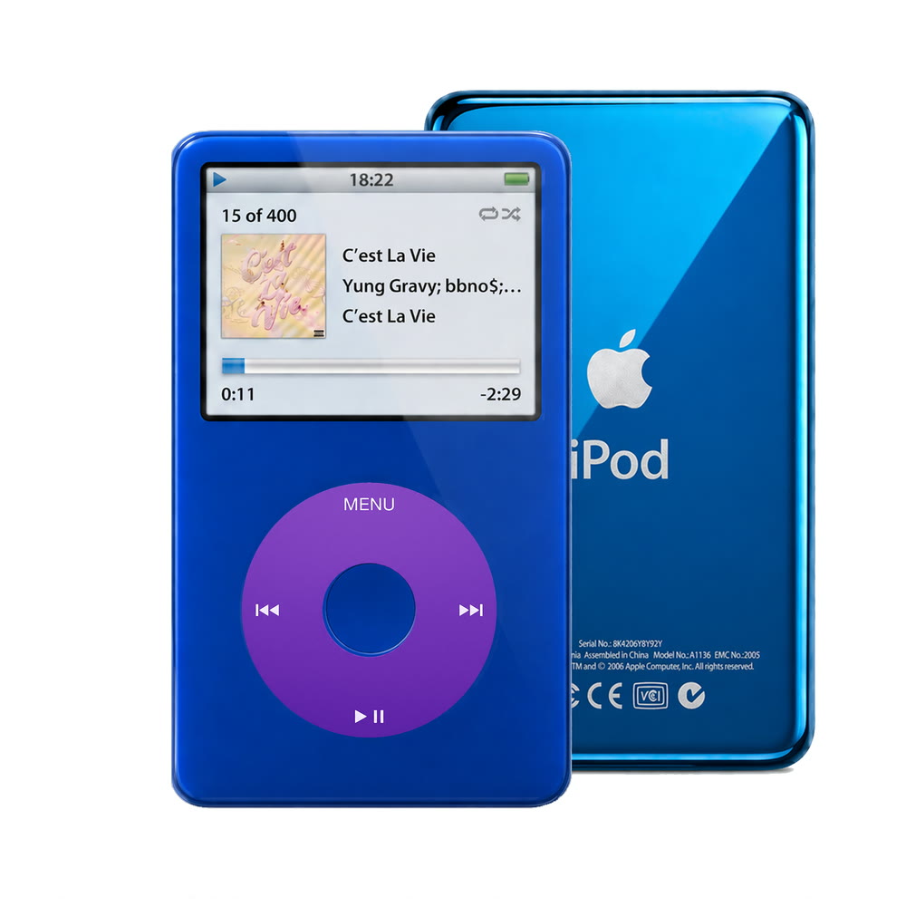 Blue refurbished iPod Video 5.5 Gen with Purple click wheel and Blue back plate