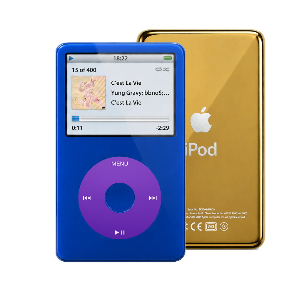 Blue refurbished iPod Video 5.5 Gen with Purple click wheel and Gold back plate