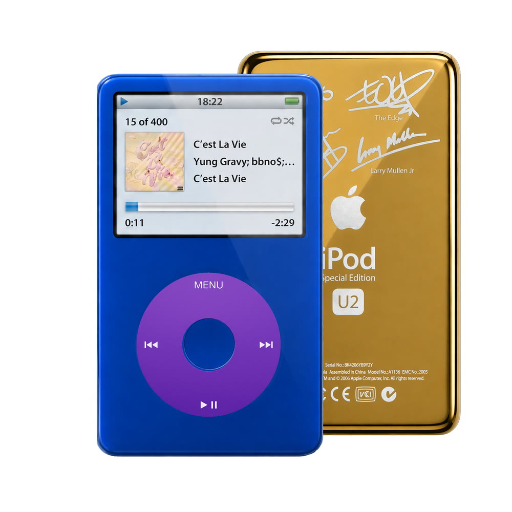 Blue refurbished iPod Video 5.5 Gen with Purple click wheel and Gold U2 back plate