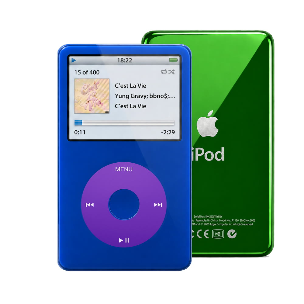 Blue refurbished iPod Video 5.5 Gen with Purple click wheel and Green back plate