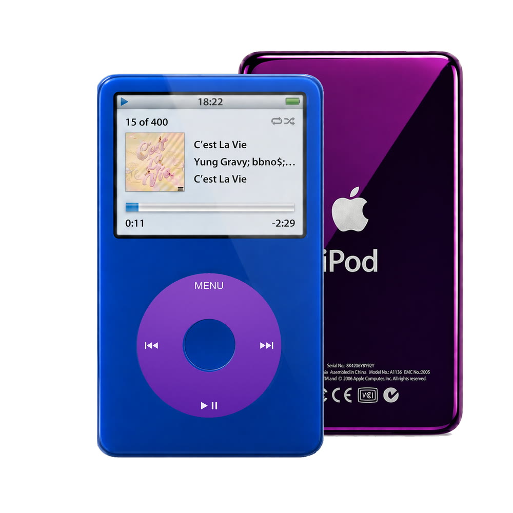 Blue refurbished iPod Video 5.5 Gen with Purple click wheel and Purple back plate