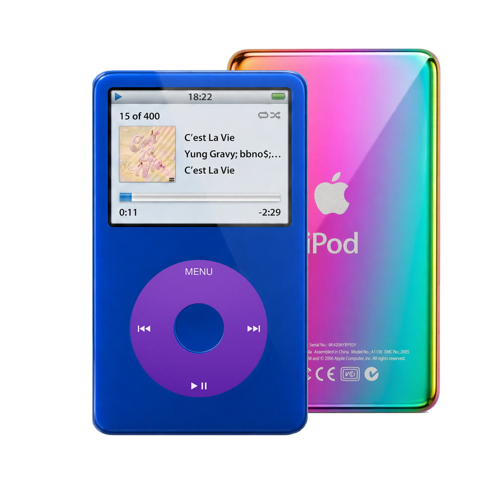 Blue refurbished iPod Video 5.5 Gen with Purple click wheel and Rainbow back plate