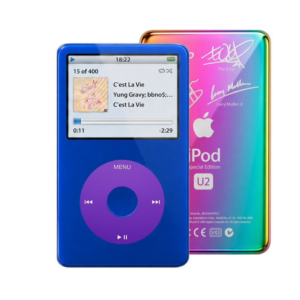 Blue refurbished iPod Video 5.5 Gen with Purple click wheel and Rainbow U2 back plate