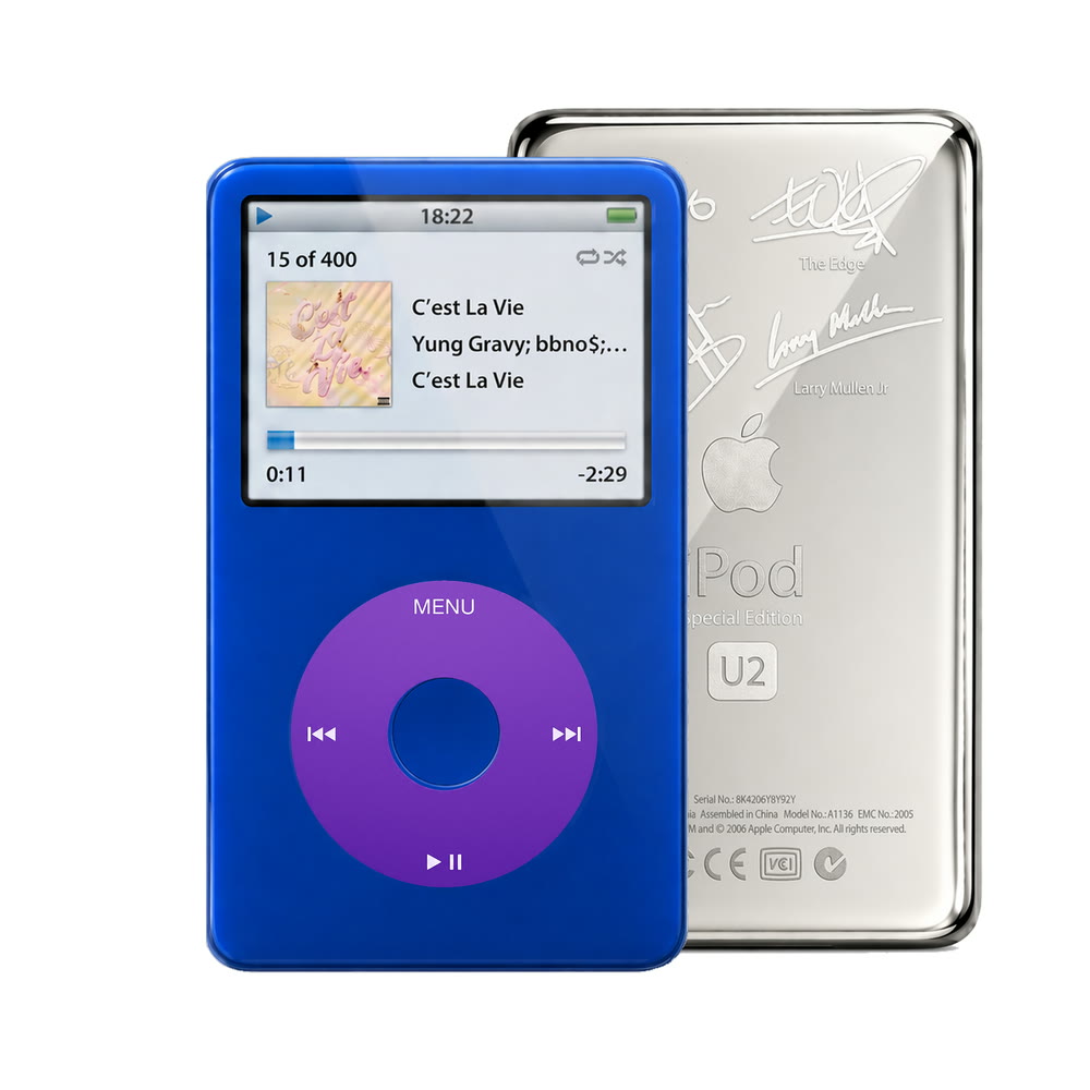 Blue refurbished iPod Video 5.5 Gen with Purple click wheel and Silver U2 back plate