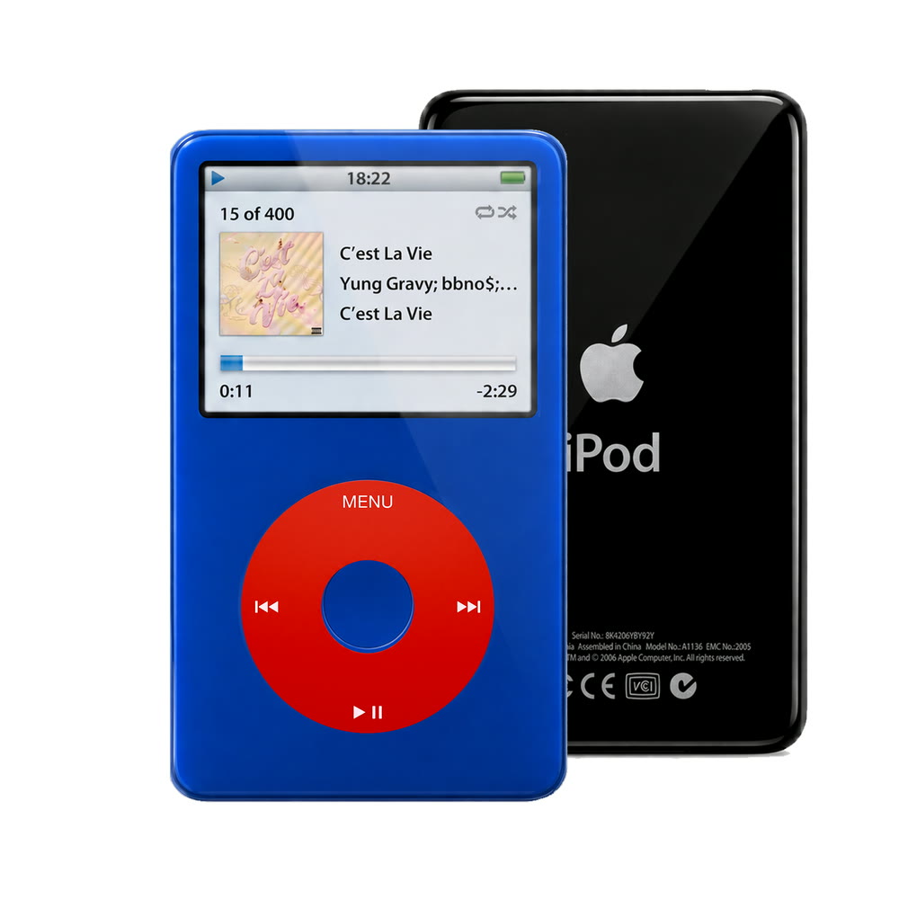 Blue refurbished iPod Video 5.5 Gen with Red click wheel and Black back plate