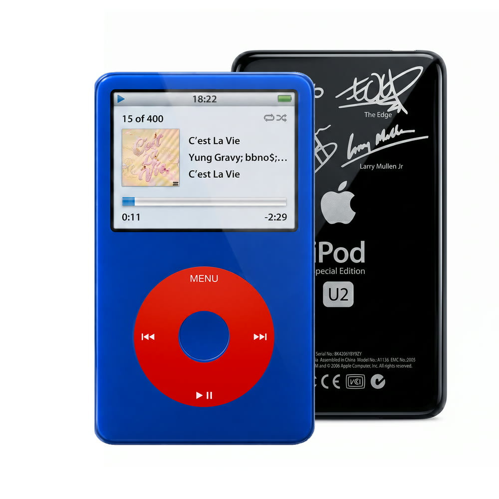 Blue refurbished iPod Video 5.5 Gen with Red click wheel and Black U2 back plate