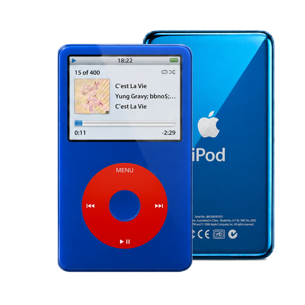 Blue refurbished iPod Video 5.5 Gen with Red click wheel and Blue back plate