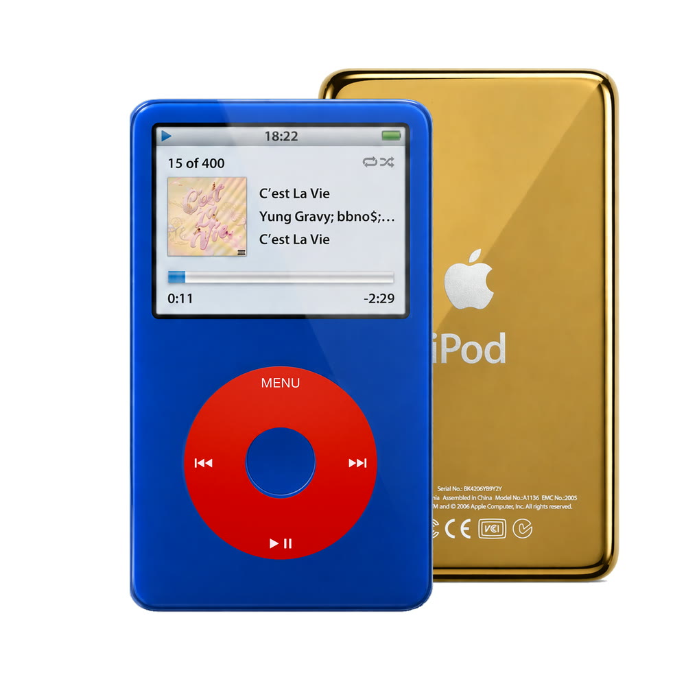 Blue refurbished iPod Video 5.5 Gen with Red click wheel and Gold back plate