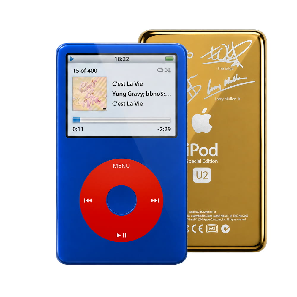 Blue refurbished iPod Video 5.5 Gen with Red click wheel and Gold U2 back plate