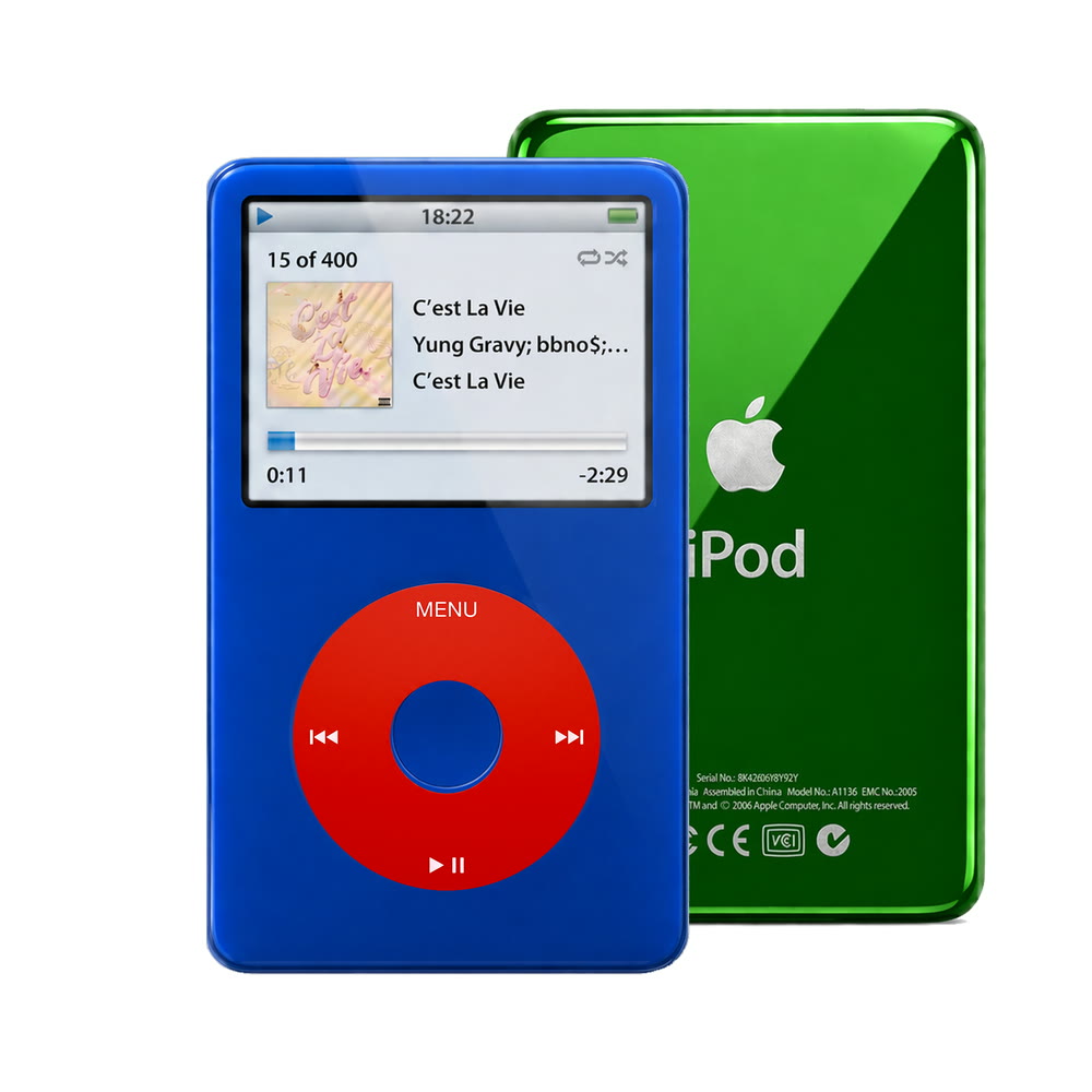 Blue refurbished iPod Video 5.5 Gen with Red click wheel and Green back plate