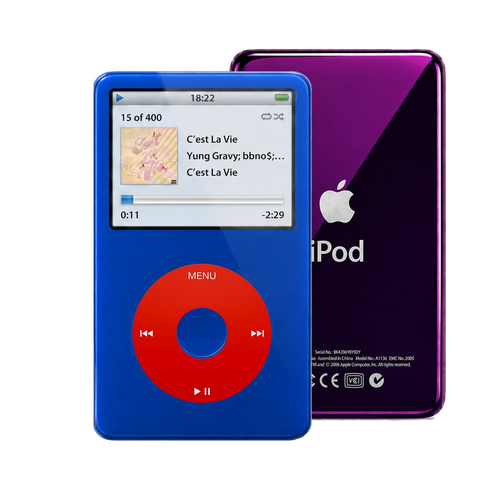Blue refurbished iPod Video 5.5 Gen with Red click wheel and Purple back plate