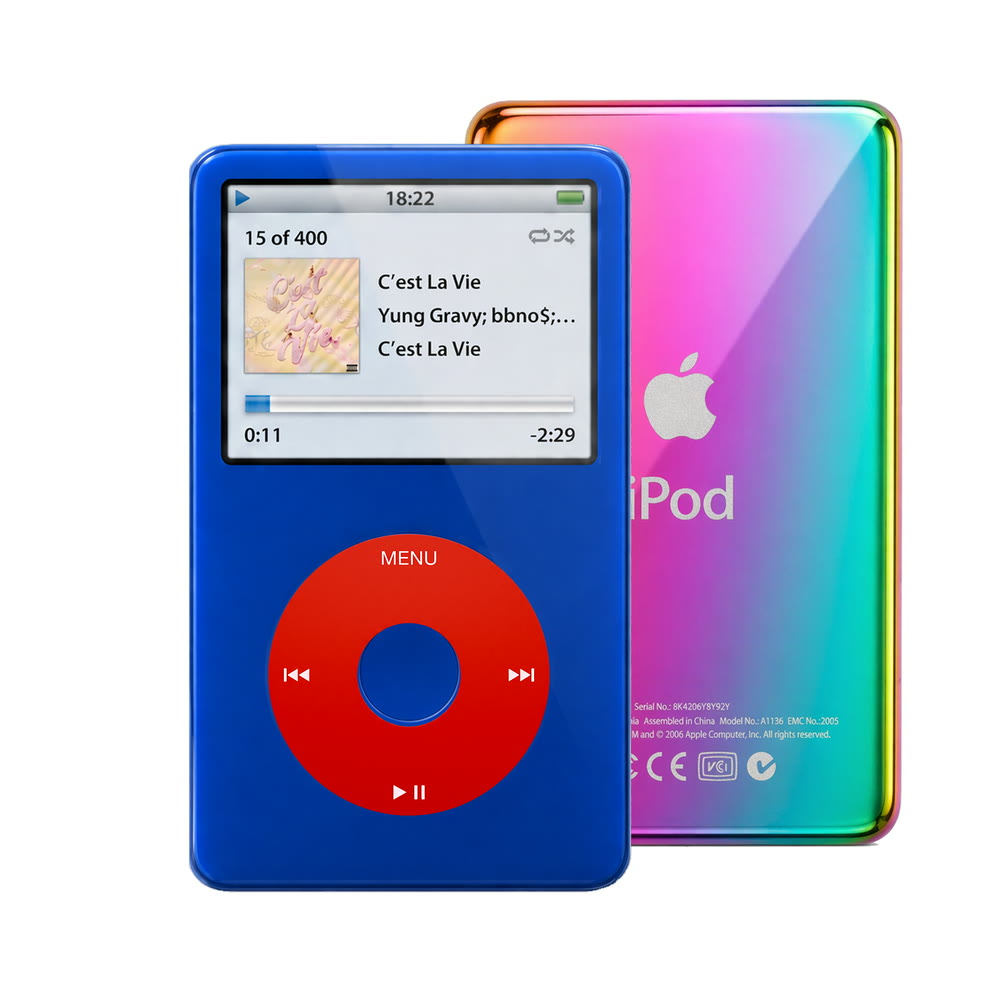 Blue refurbished iPod Video 5.5 Gen with Red click wheel and Rainbow back plate