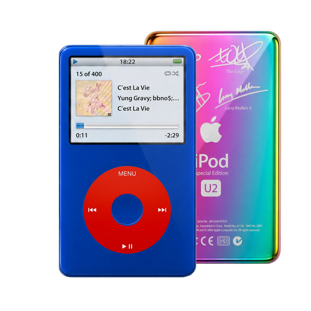 Blue refurbished iPod Video 5.5 Gen with Red click wheel and Rainbow U2 back plate