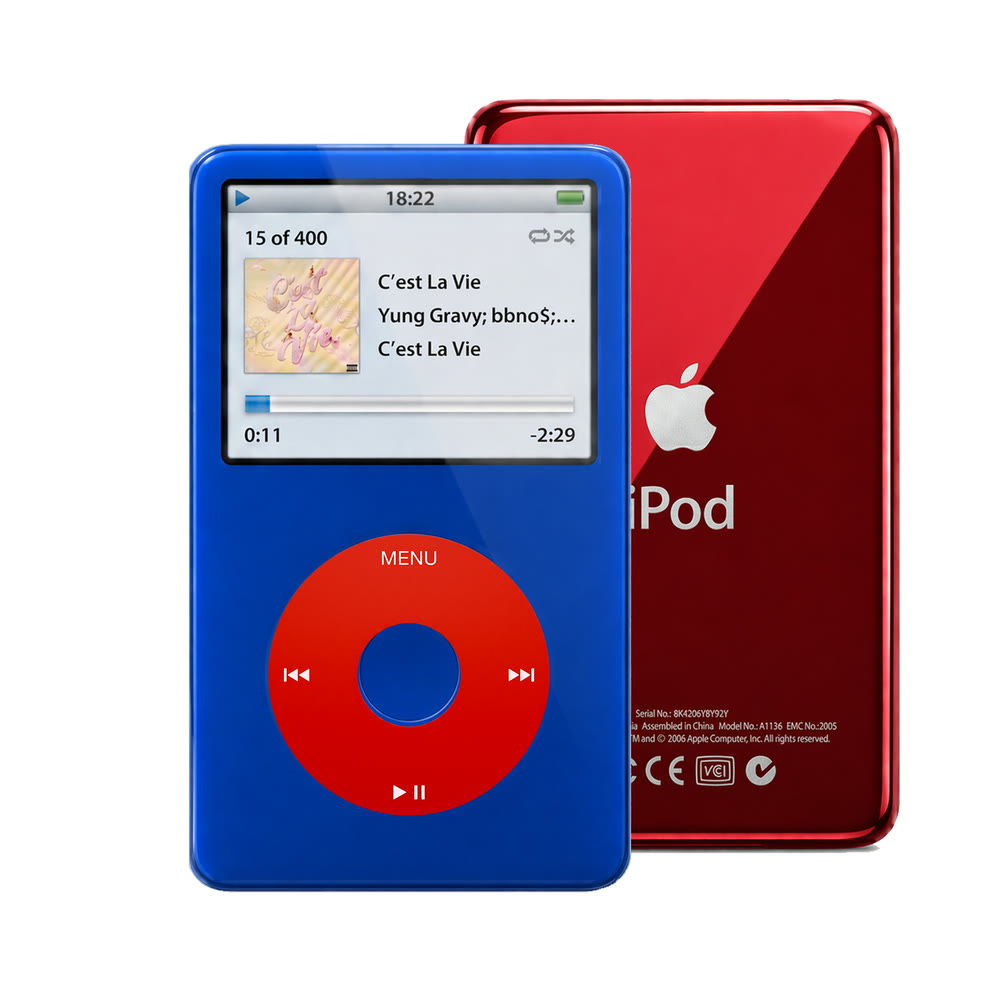 Blue refurbished iPod Video 5.5 Gen with Red click wheel and Red back plate