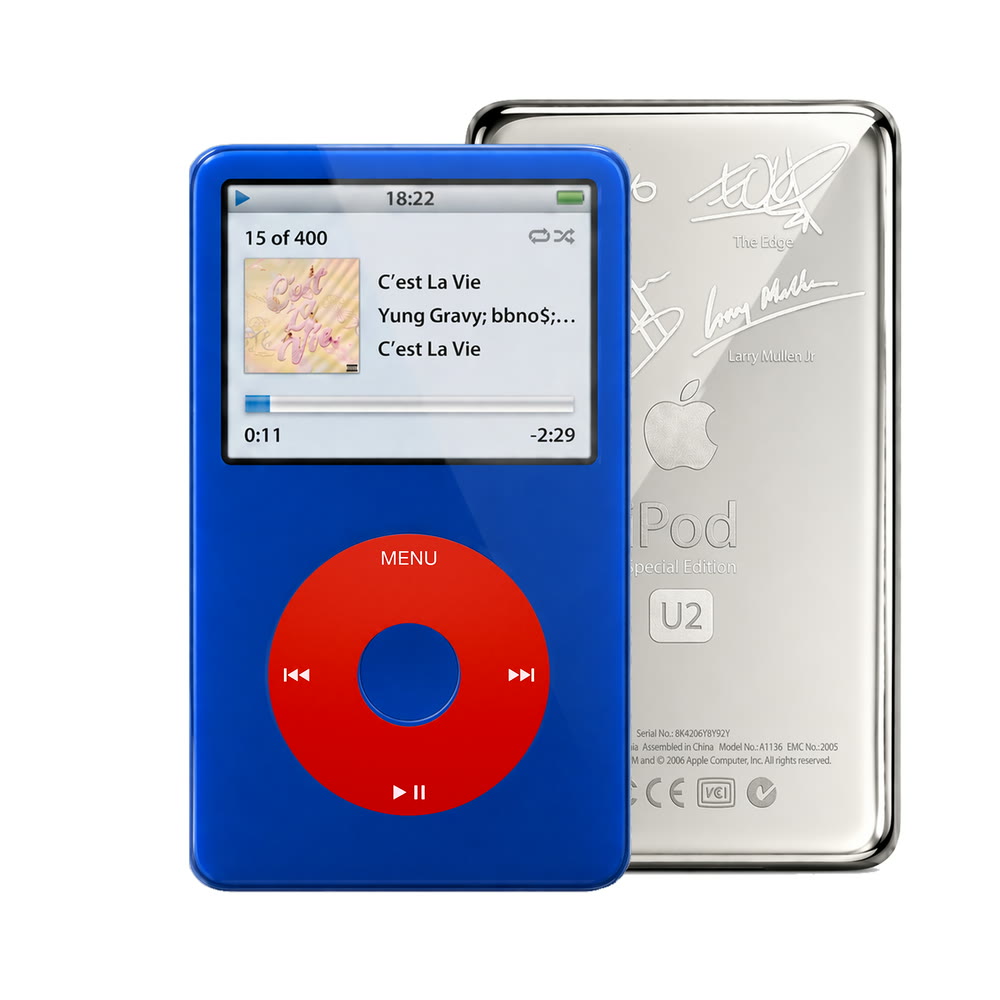 Blue refurbished iPod Video 5.5 Gen with Red click wheel and Silver U2 back plate