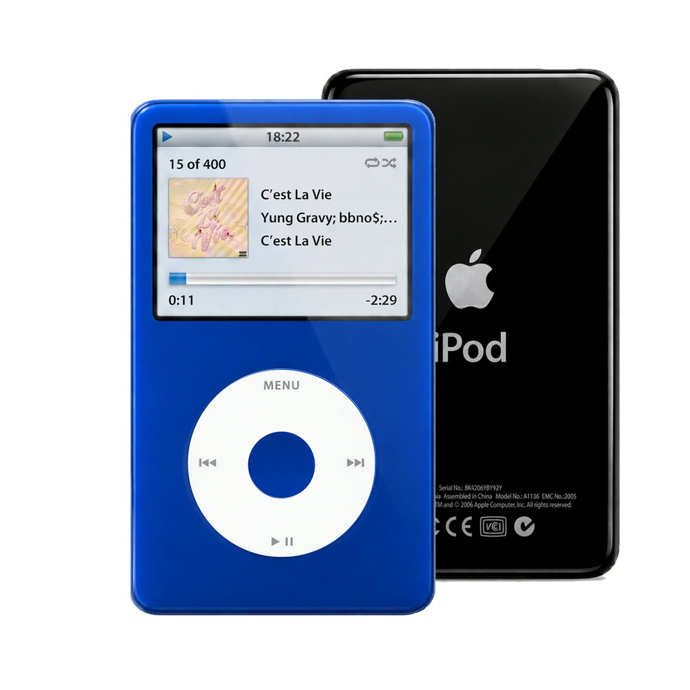 Blue refurbished iPod Video 5.5 Gen with White click wheel and Black back plate