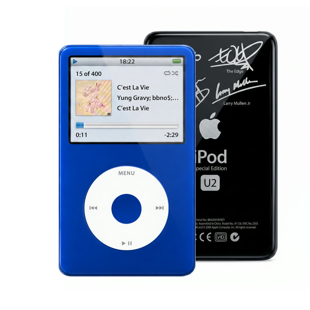 Blue refurbished iPod Video 5.5 Gen with White click wheel and Black U2 back plate