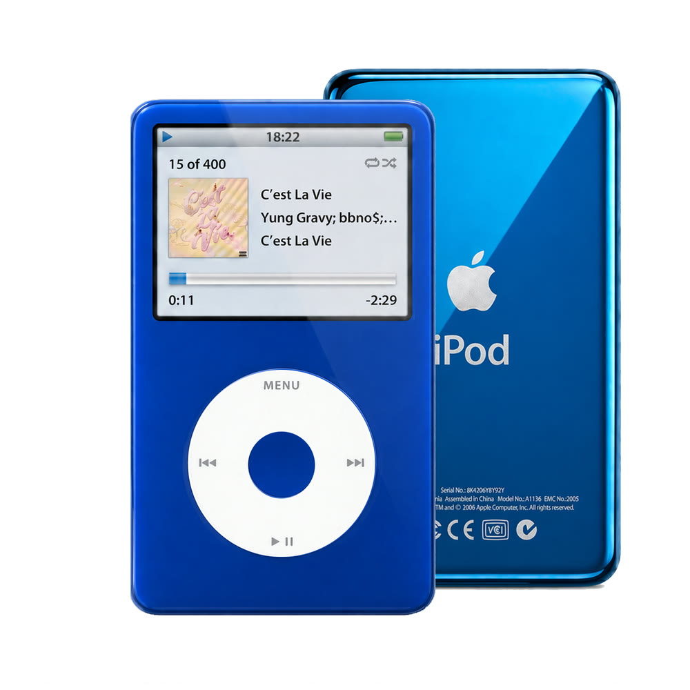 Blue refurbished iPod Video 5.5 Gen with White click wheel and Blue back plate