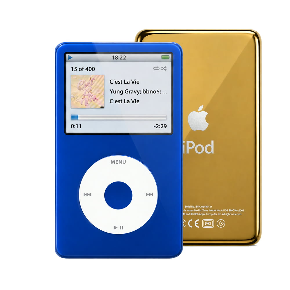 Blue refurbished iPod Video 5.5 Gen with White click wheel and Gold back plate