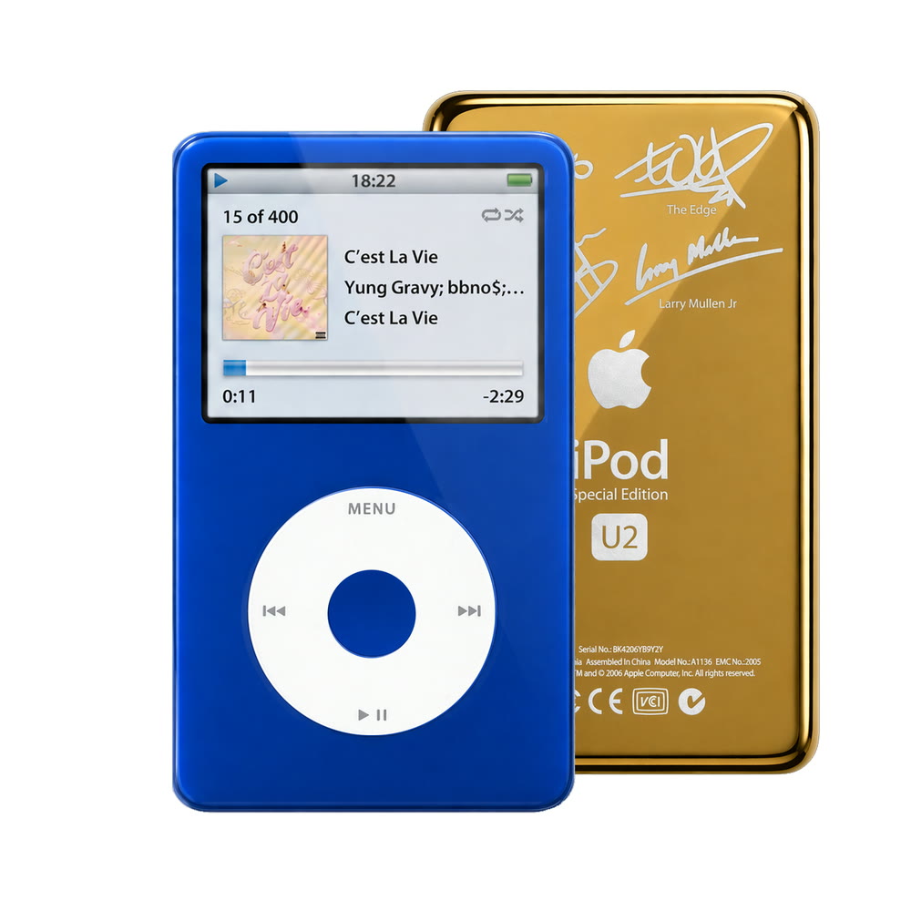 Blue refurbished iPod Video 5.5 Gen with White click wheel and Gold U2 back plate