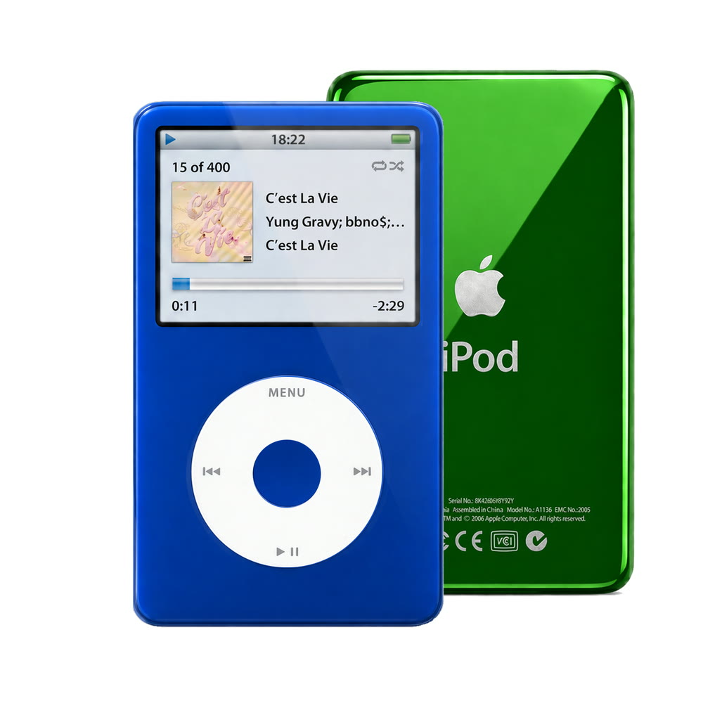Blue refurbished iPod Video 5.5 Gen with White click wheel and Green back plate