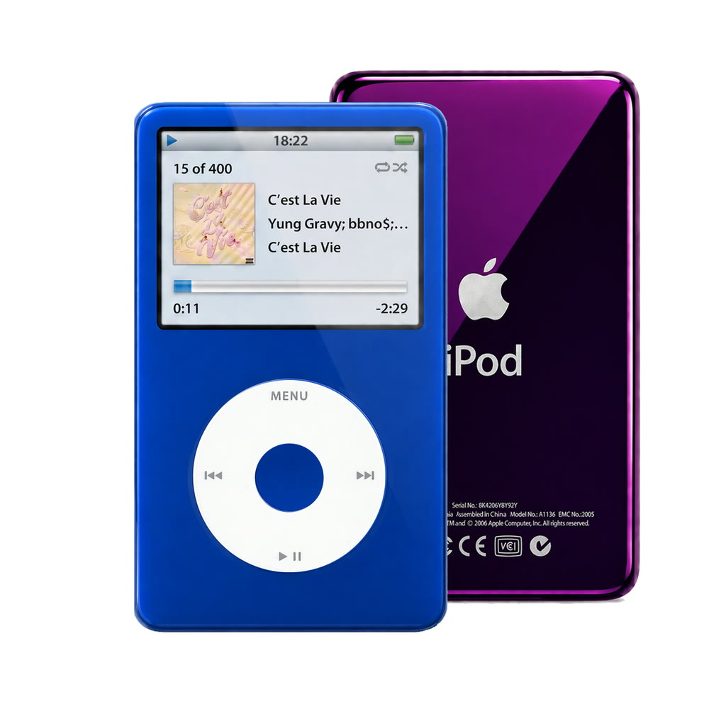 Blue refurbished iPod Video 5.5 Gen with White click wheel and Purple back plate