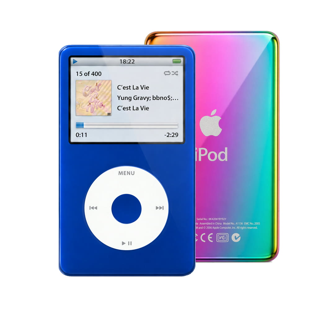 Blue refurbished iPod Video 5.5 Gen with White click wheel and Rainbow back plate
