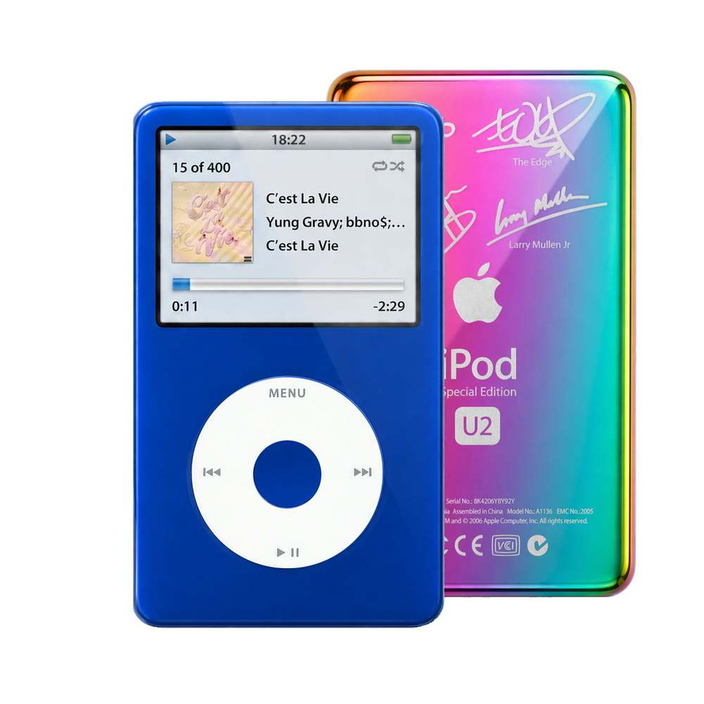 Blue refurbished iPod Video 5.5 Gen with White click wheel and Rainbow U2 back plate