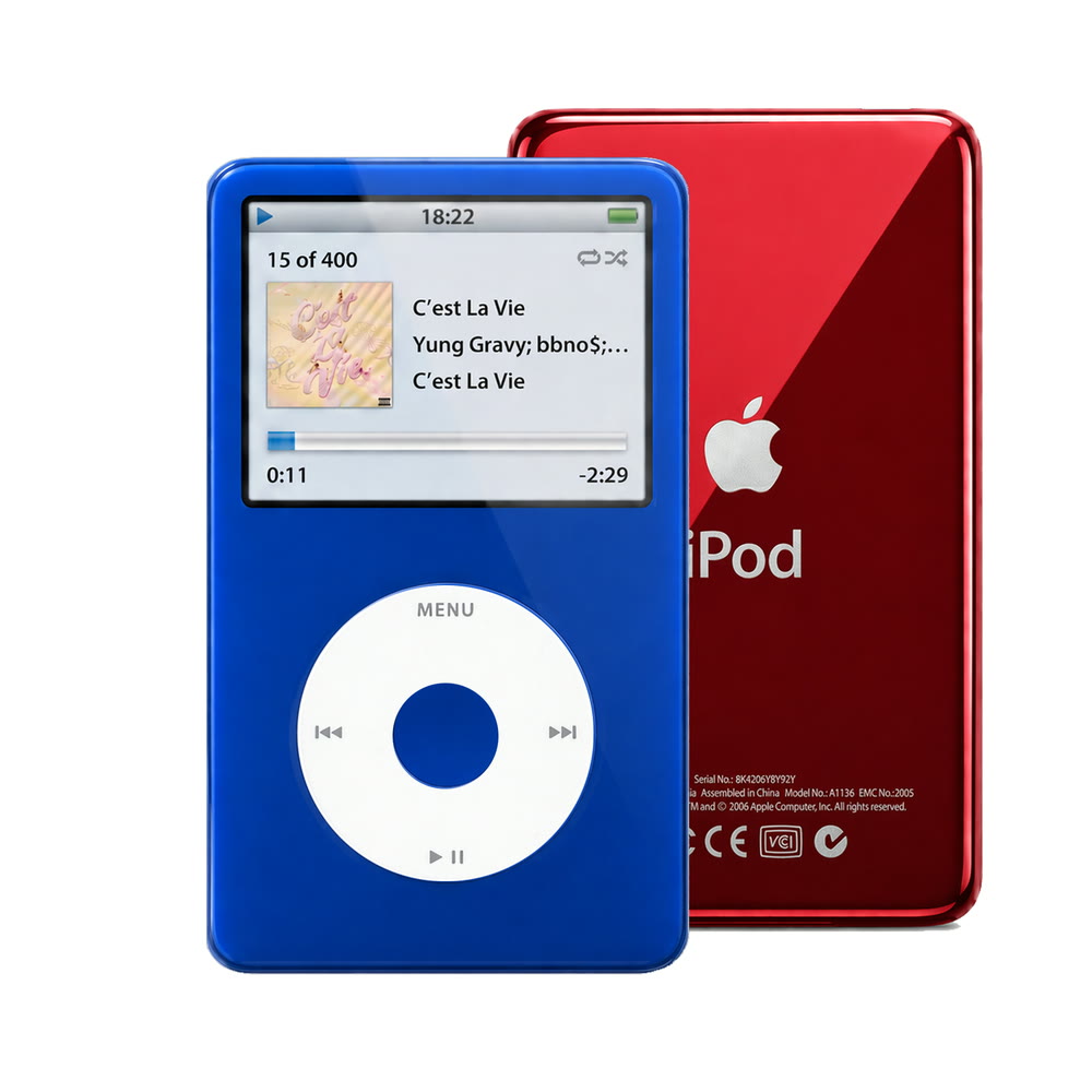 Blue refurbished iPod Video 5.5 Gen with White click wheel and Red back plate