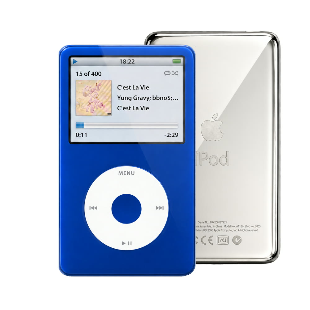 Blue refurbished iPod Video 5.5 Gen with White click wheel and Silver back plate