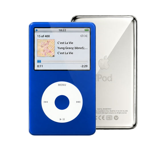 Blue refurbished iPod Video 5.5 Gen with White click wheel and Silver back plate