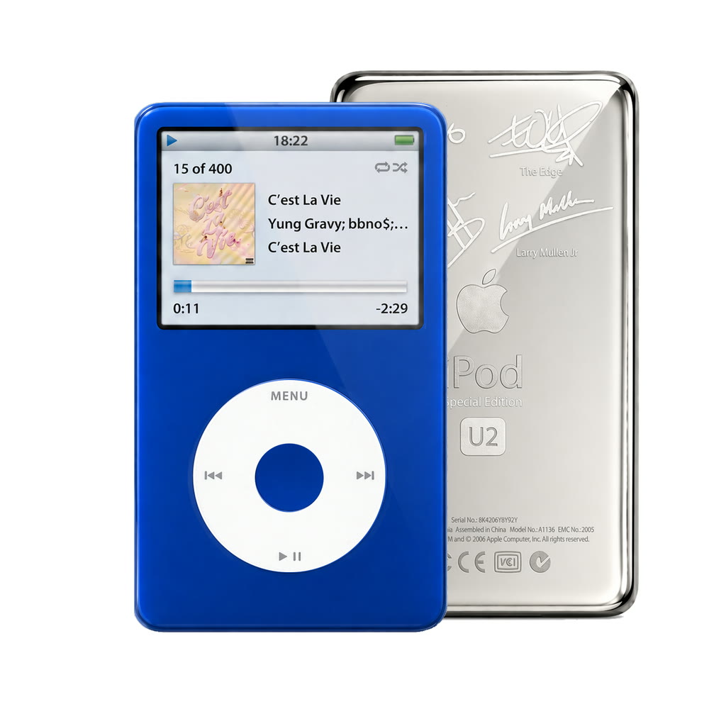 Blue refurbished iPod Video 5.5 Gen with White click wheel and Silver U2 back plate
