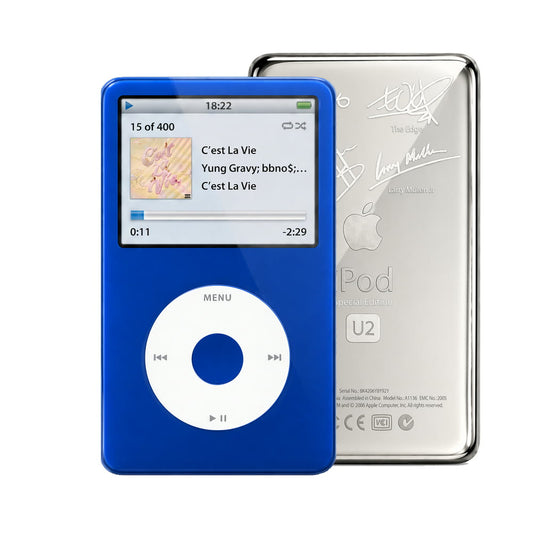Blue refurbished iPod Video 5.5 Gen with White click wheel and Silver U2 back plate
