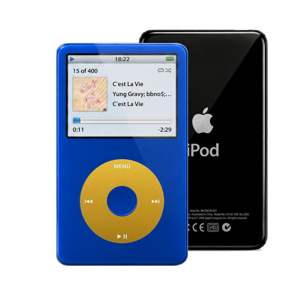 Blue refurbished iPod Video 5.5 Gen with Yellow click wheel and Black back plate