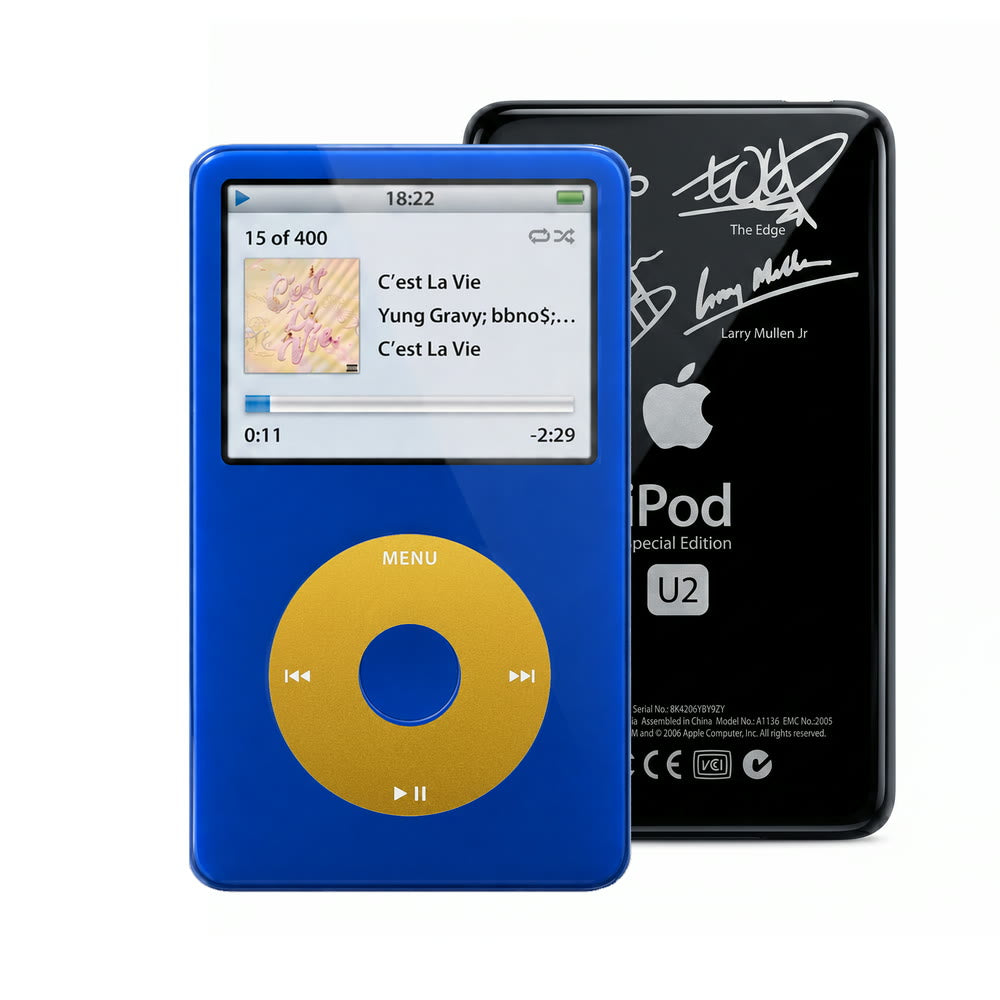 Blue refurbished iPod Video 5.5 Gen with Yellow click wheel and Black U2 back plate