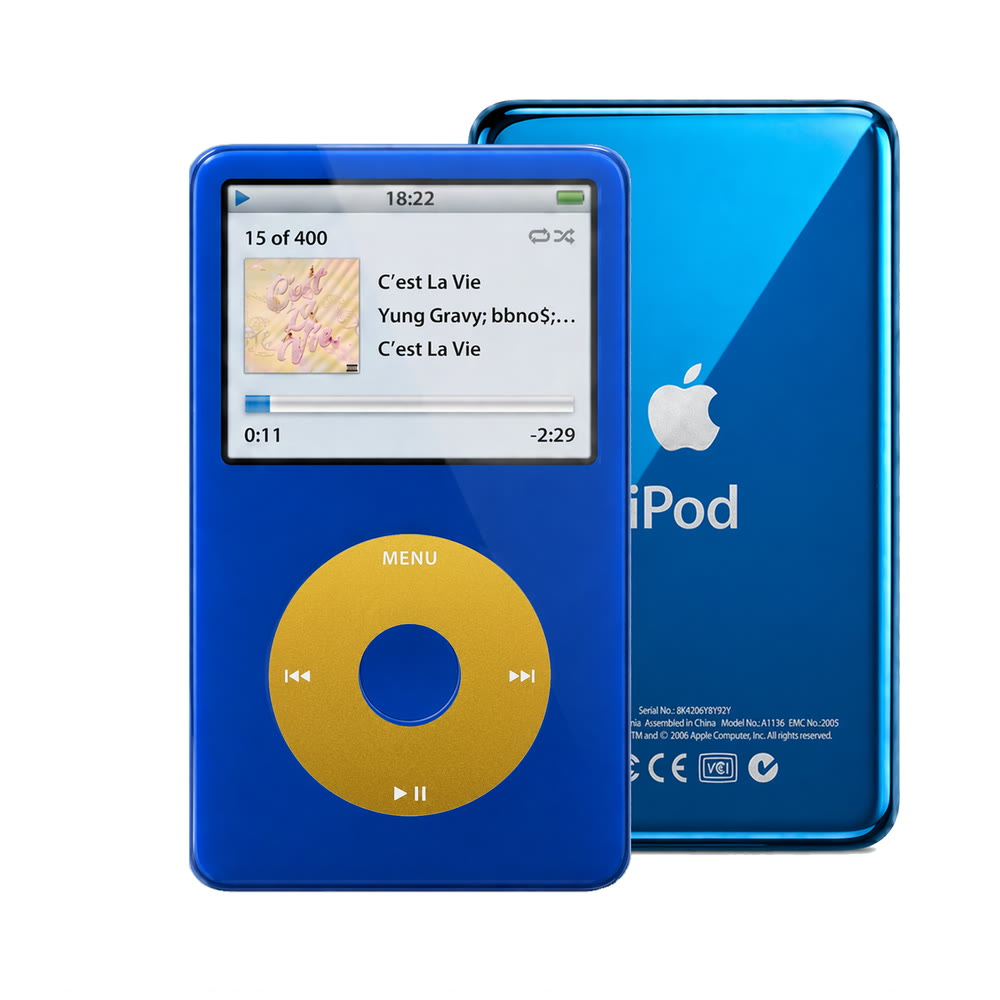 Blue refurbished iPod Video 5.5 Gen with Yellow click wheel and Blue back plate