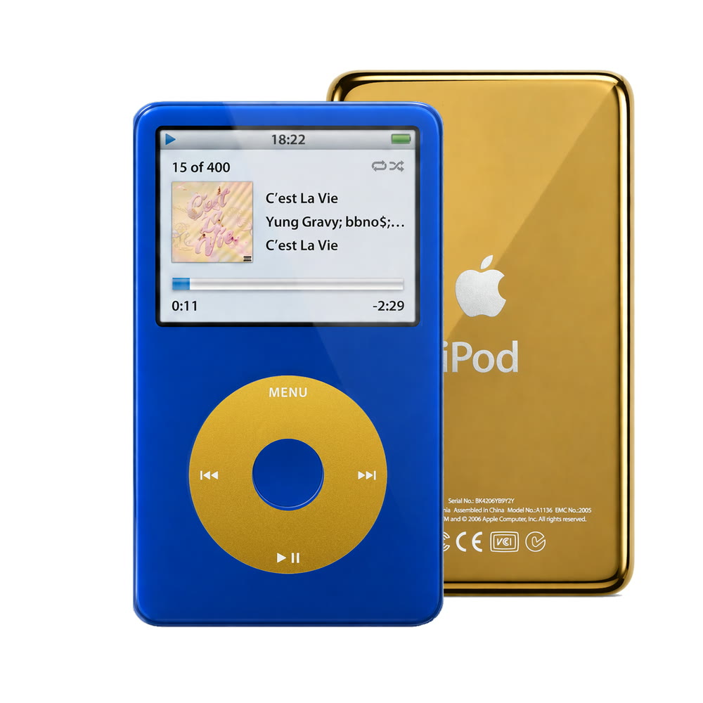 Blue refurbished iPod Video 5.5 Gen with Yellow click wheel and Gold back plate