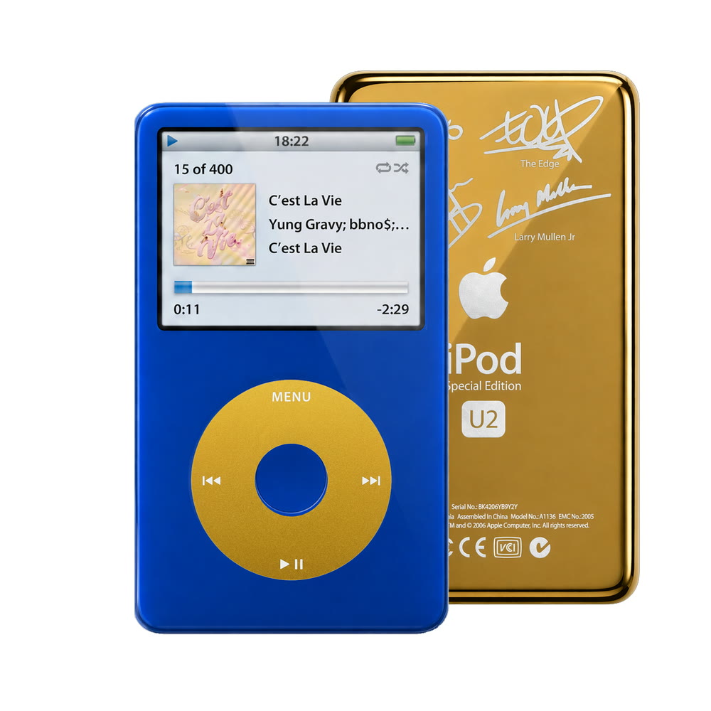 Blue refurbished iPod Video 5.5 Gen with Yellow click wheel and Gold U2 back plate