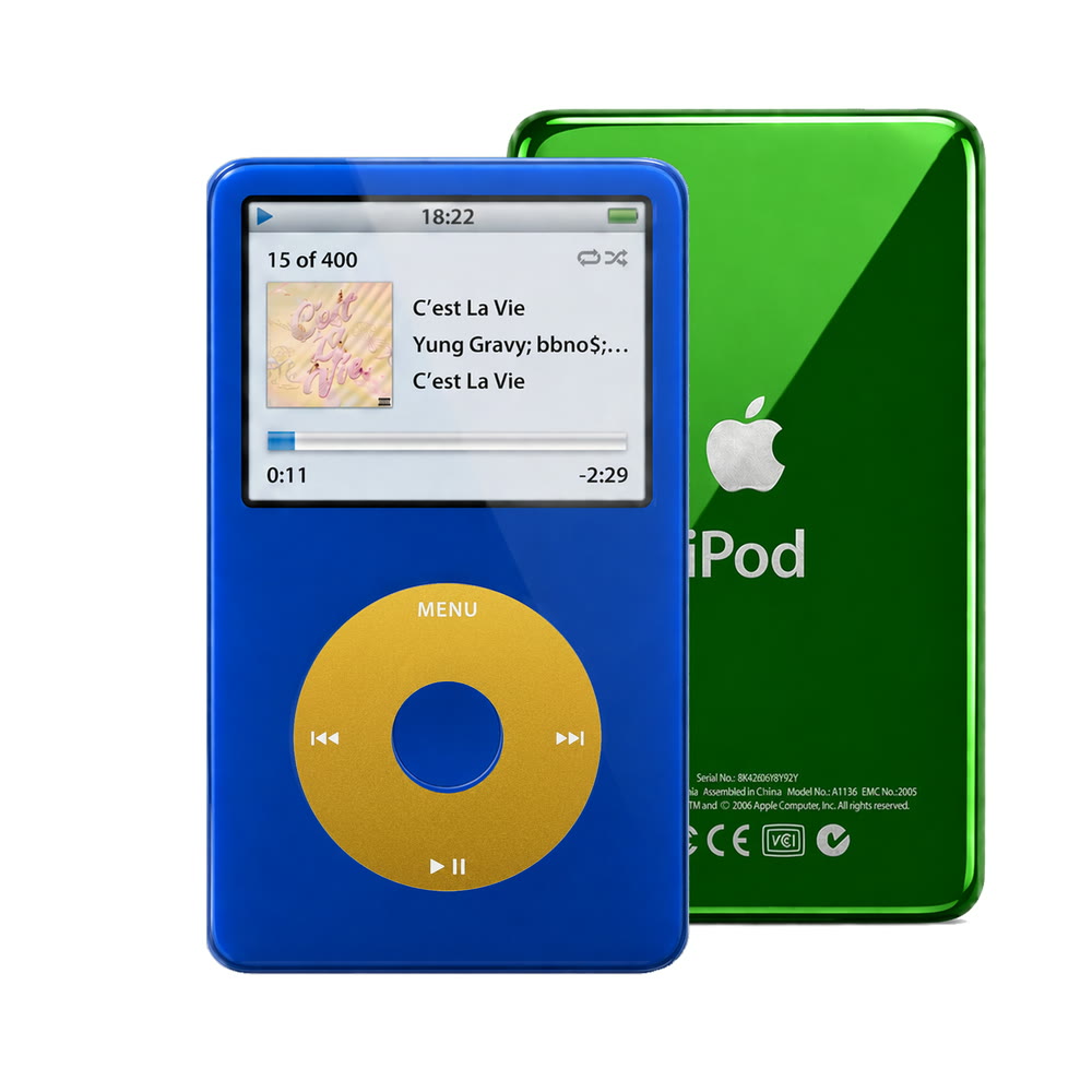 Blue refurbished iPod Video 5.5 Gen with Yellow click wheel and Green back plate