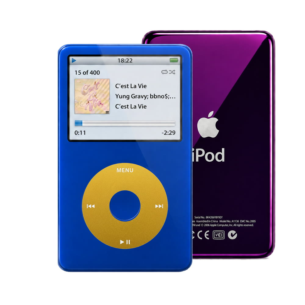 Blue refurbished iPod Video 5.5 Gen with Yellow click wheel and Purple back plate