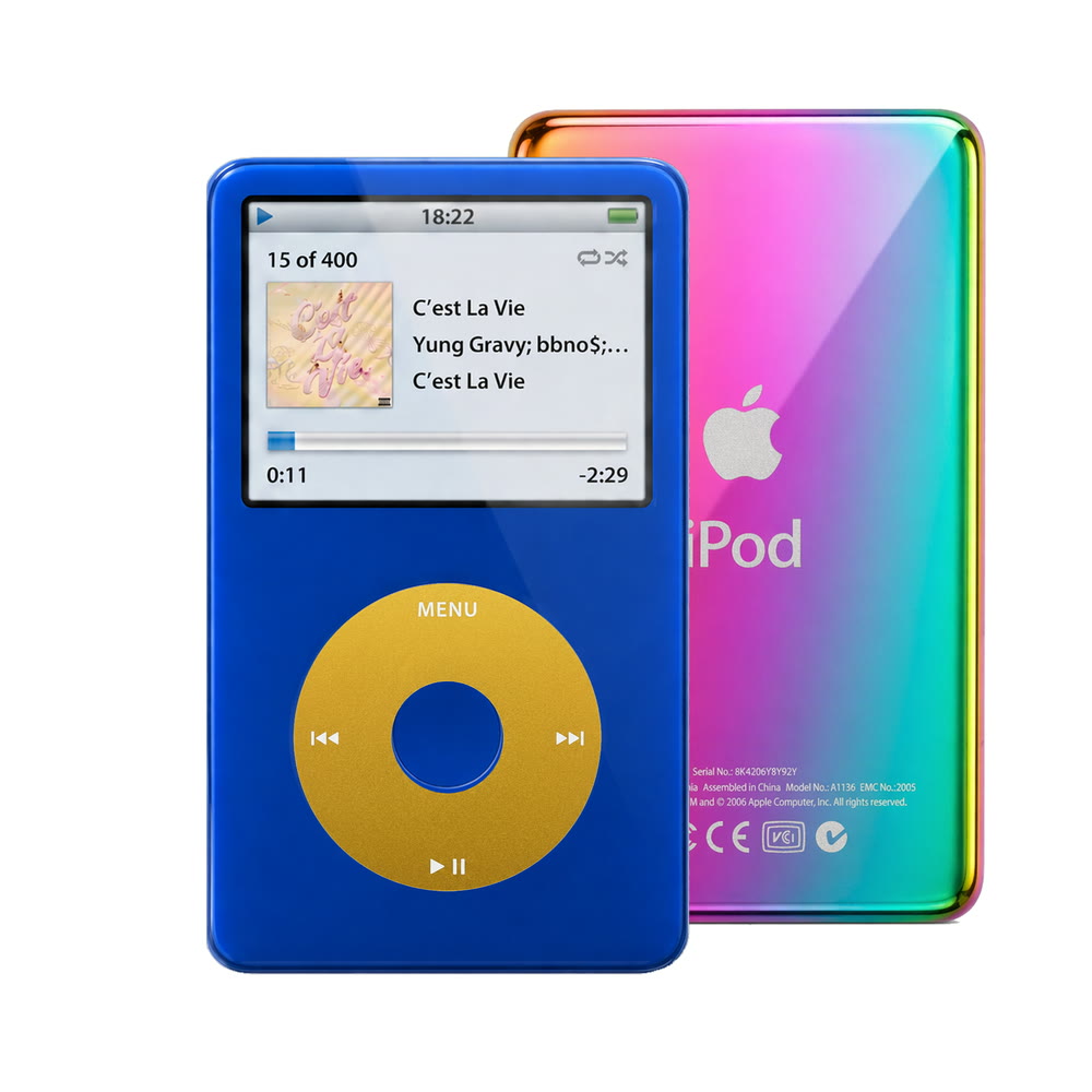 Blue refurbished iPod Video 5.5 Gen with Yellow click wheel and Rainbow back plate