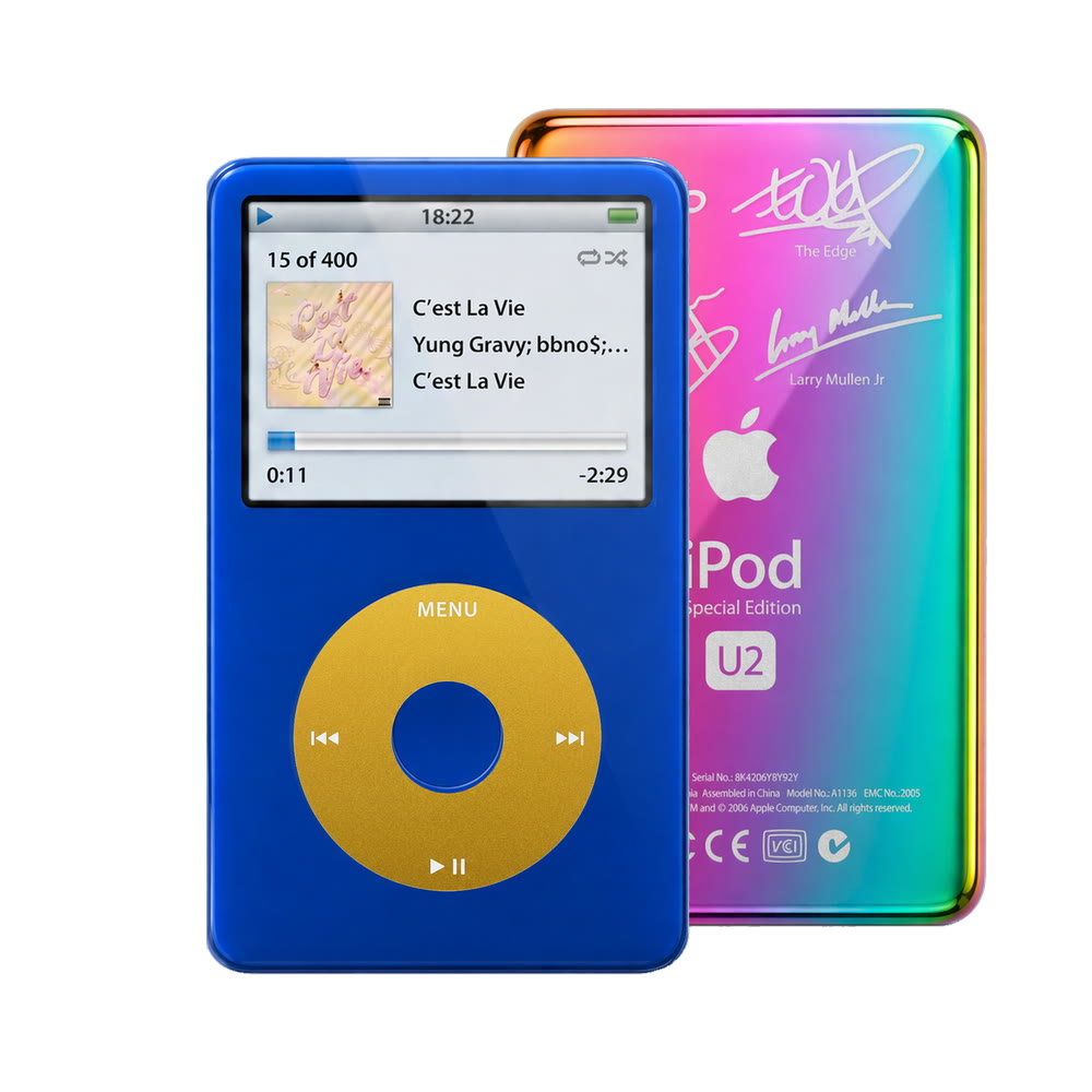 Blue refurbished iPod Video 5.5 Gen with Yellow click wheel and Rainbow U2 back plate
