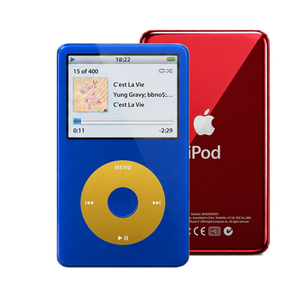 Blue refurbished iPod Video 5.5 Gen with Yellow click wheel and Red back plate