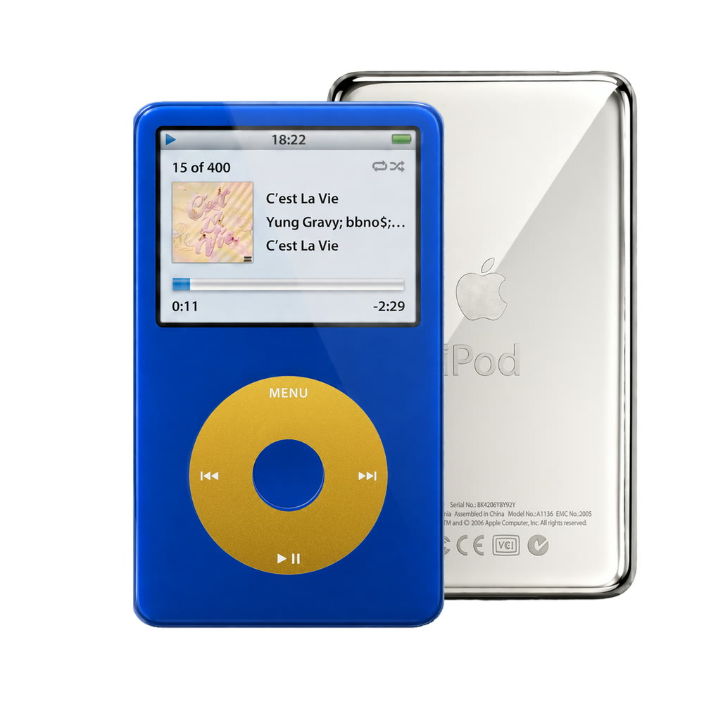 Blue refurbished iPod Video 5.5 Gen with Yellow click wheel and Silver back plate