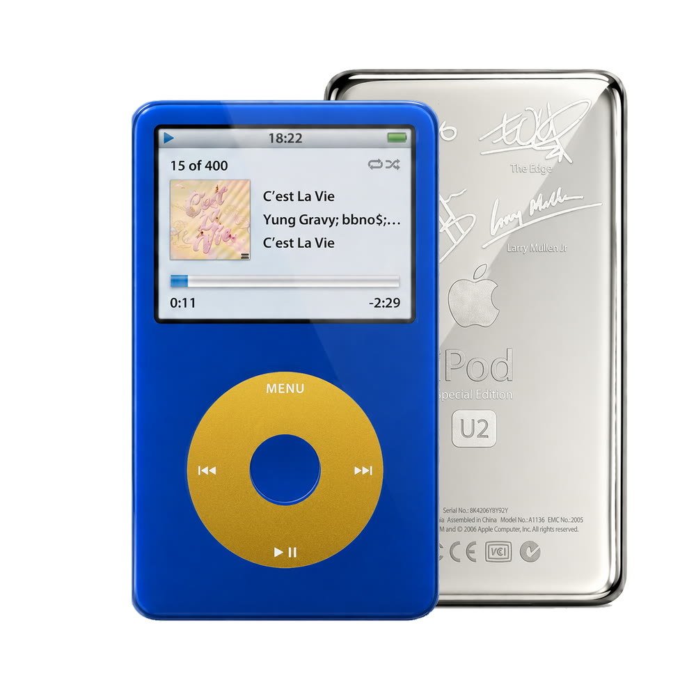Blue refurbished iPod Video 5.5 Gen with Yellow click wheel and Silver U2 back plate