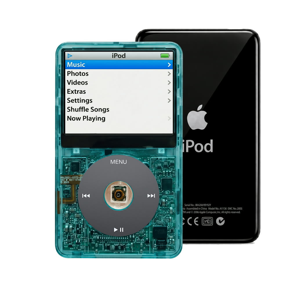 Clear Blue refurbished iPod Video 5.5 Gen with Black click wheel and Black back plate