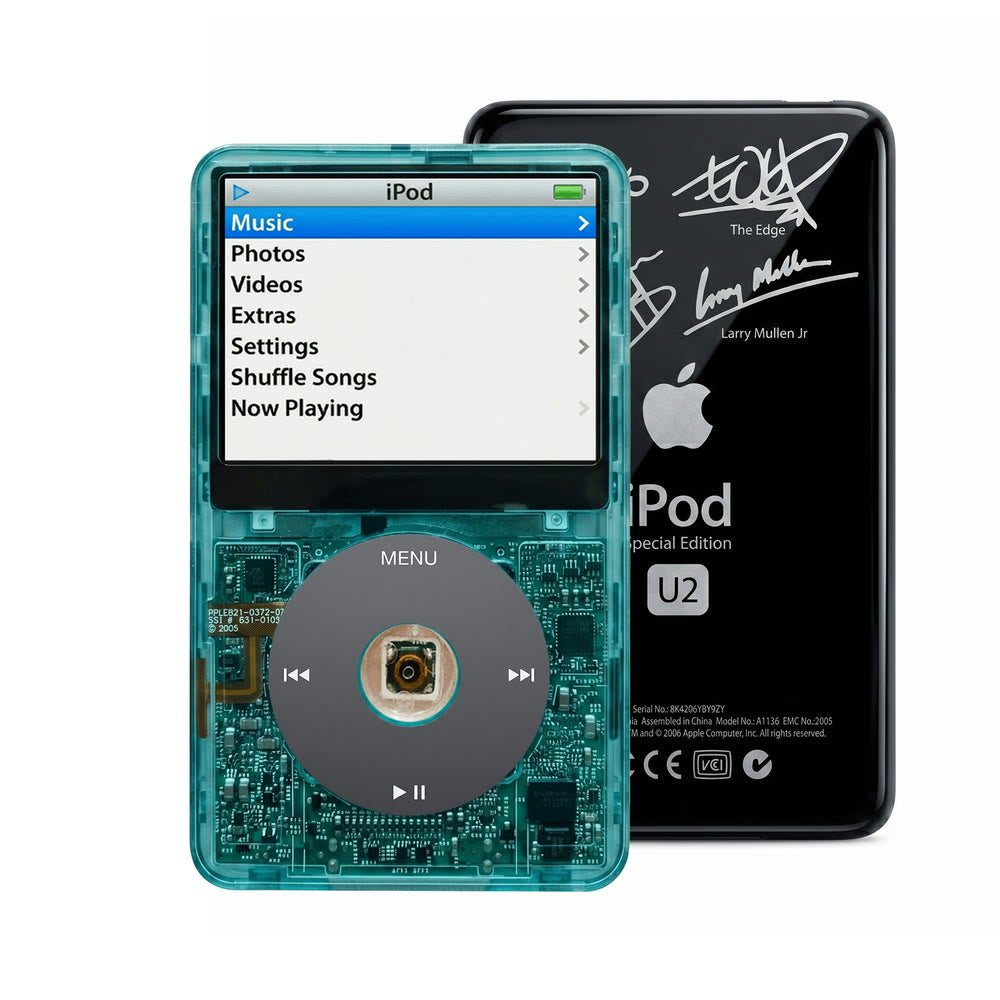 Clear Blue refurbished iPod Video 5.5 Gen with Black click wheel and Black U2 back plate