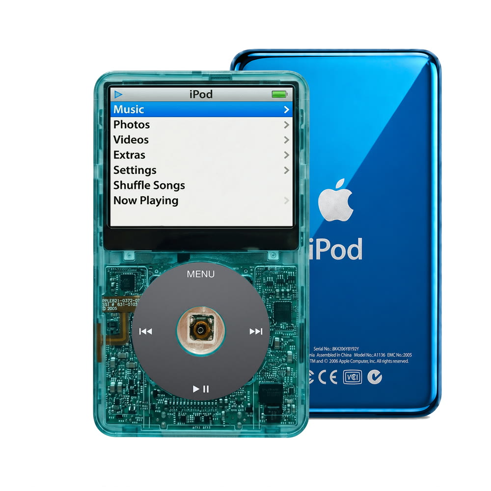 Clear Blue refurbished iPod Video 5.5 Gen with Black click wheel and Blue back plate