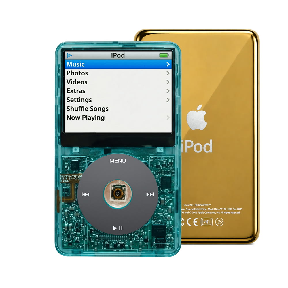 Clear Blue refurbished iPod Video 5.5 Gen with Black click wheel and Gold back plate